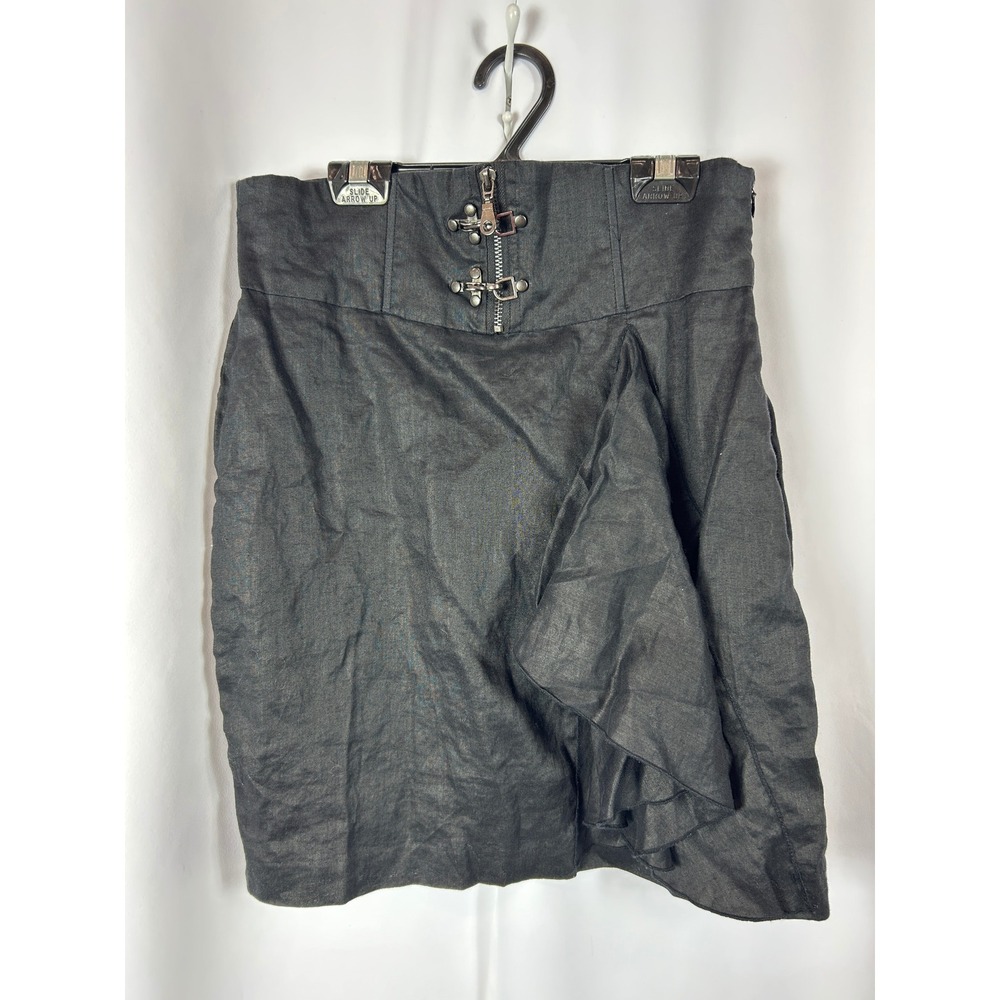 Steampunk Black Ramie Mini Skirt Buckle Hardware Ruffle Size L